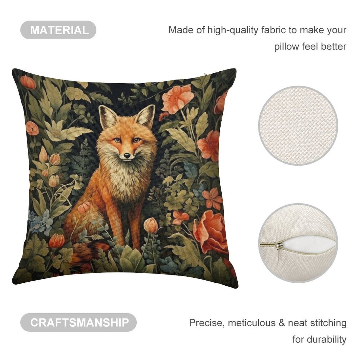 Vintage Forest Fox William Morris Style Linen Throw Pillow Cover