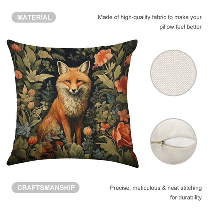 Vintage Forest Fox William Morris Style Linen Throw Pillow Cover