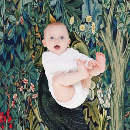 GREENERY, FOREST ANIMALS ,RAVEN ON ACANTHUS LEAVES Blue Green Floral Throw Blanket