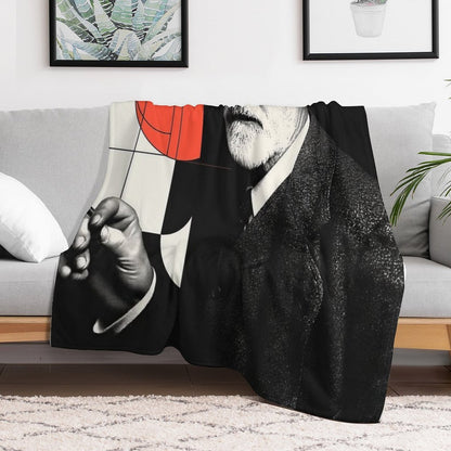 Psychoanalysis Portrait Art – Freud with Abstract Red Geometry Throw Blanket