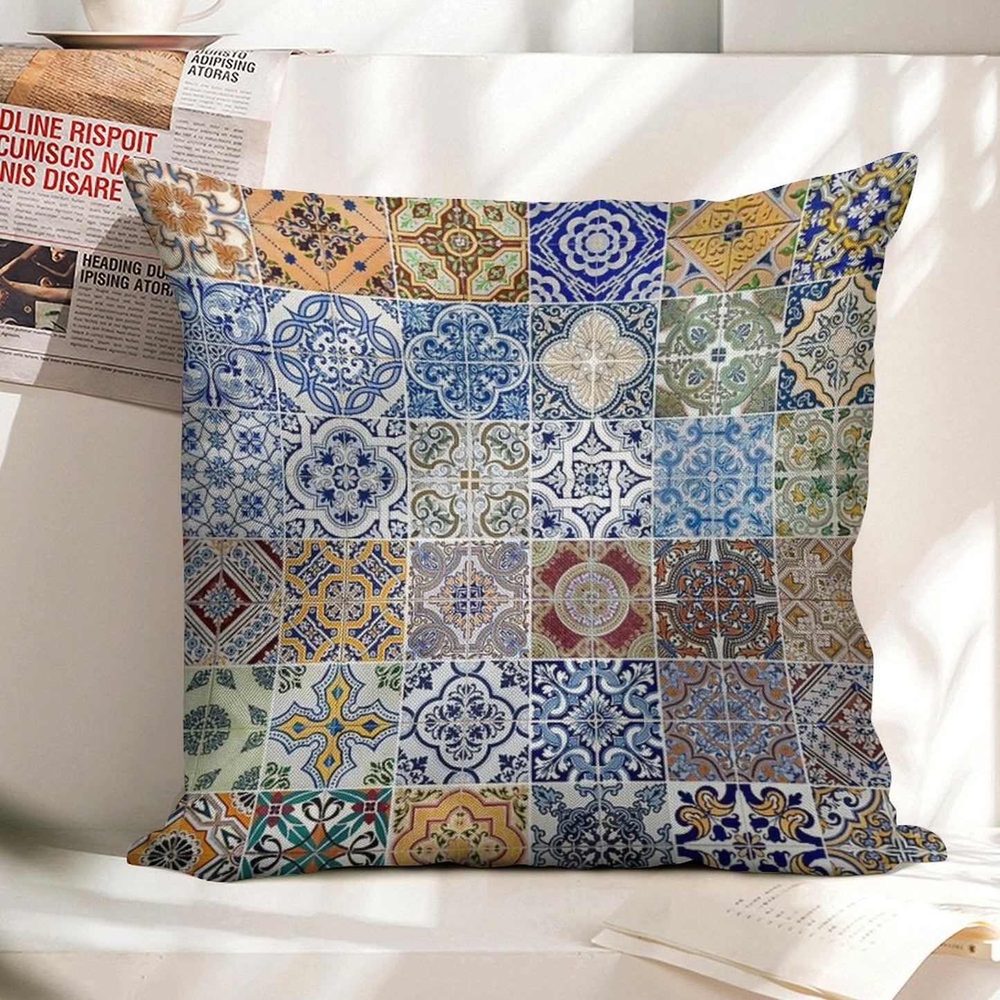 Set of 48 Ceramic Tiles Patterns Linen Throw Pillow Cover