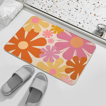 Retro 60s 70s Flowers - Vintage Style Floral Pattern in Thulian Pink, Orange, Mustard, And Cream  Long-Lasting Bath Mat