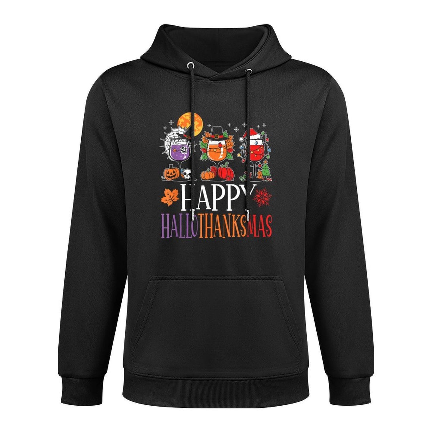 Happy Hallothanksmas Halloween Thanksgiving Christmas Wine Kangaroo Pocket Hoodie