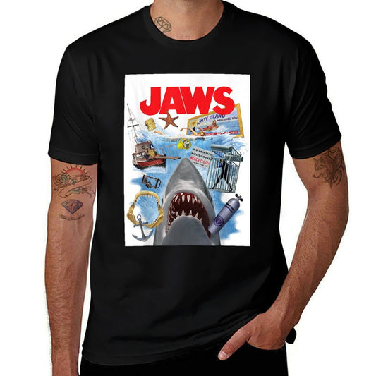 Jaws 50th Anniversary Poster Amity Island Collage 2-Sided  Cotton T-Shirt
