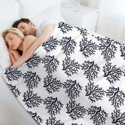 White And Navy Blue Corals Pattern Throw Blanket