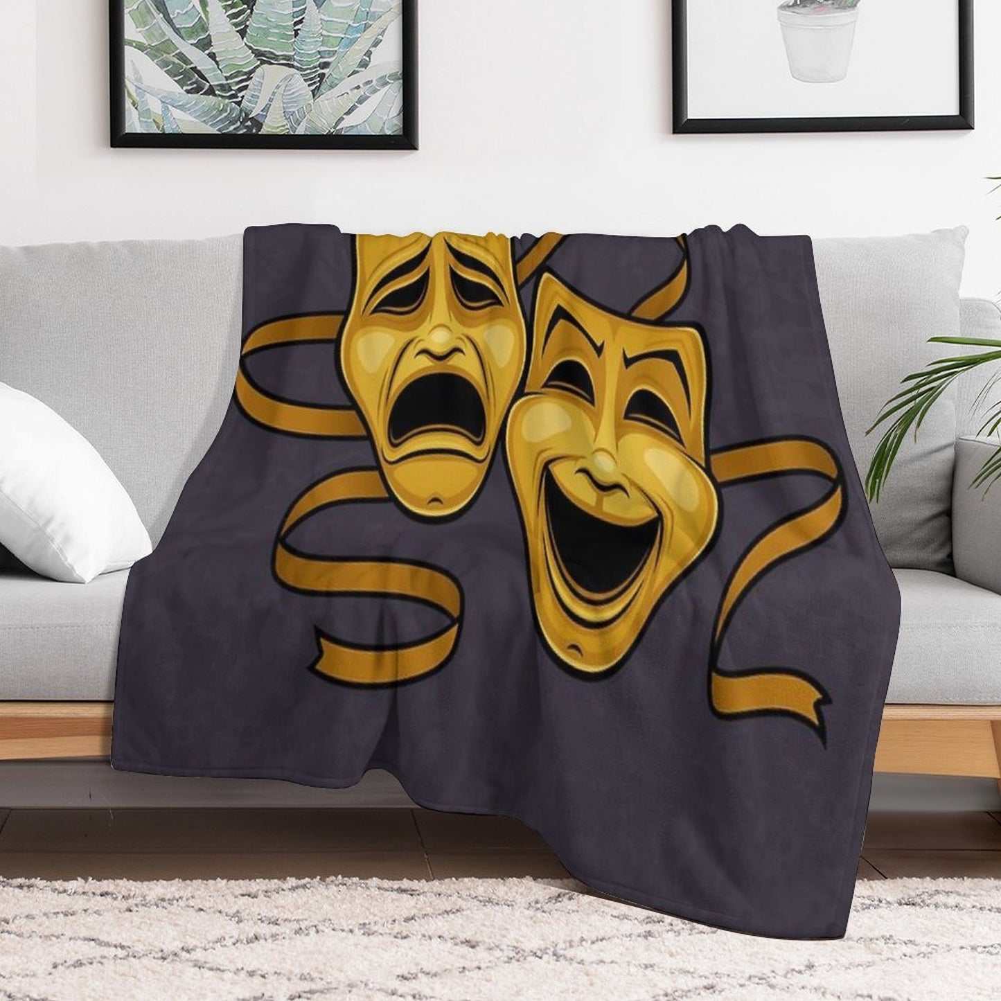 Gold Comedy And Tragedy Theater Masks Throw Blanket