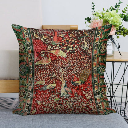 Antique Persian Rug Bird Tree Flowers Ca. 1600 Print Linen Throw Pillow Cover