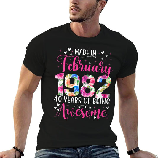 Womens 40th Birthday Floral Gift for Womens Born in February 1982  Cotton T-Shirt