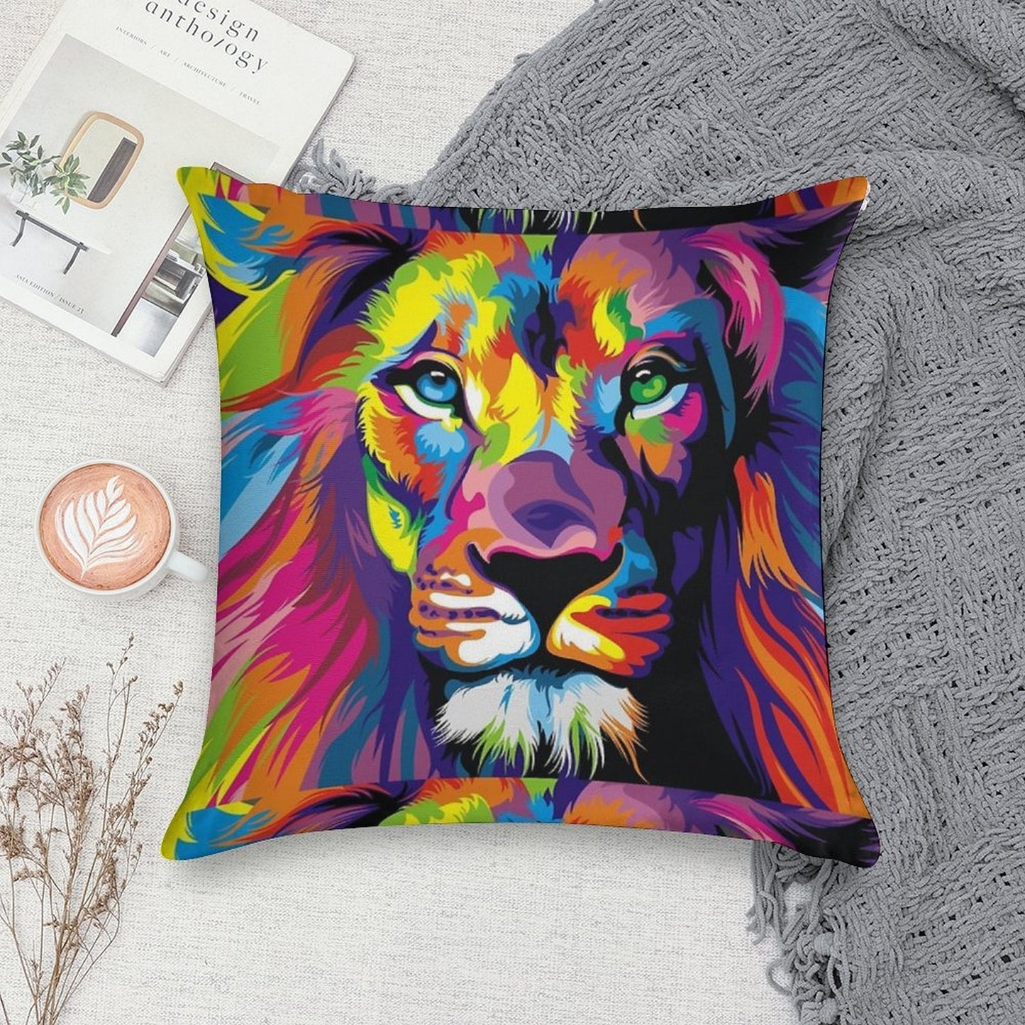 Banksy Rainbow Lion Graffiti Pop Art Painting Soft Short Plush Fabric Throw Pillow