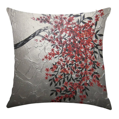 Red Black And Silver Cherry Blossom Tree Art Linen Throw Pillow Cover