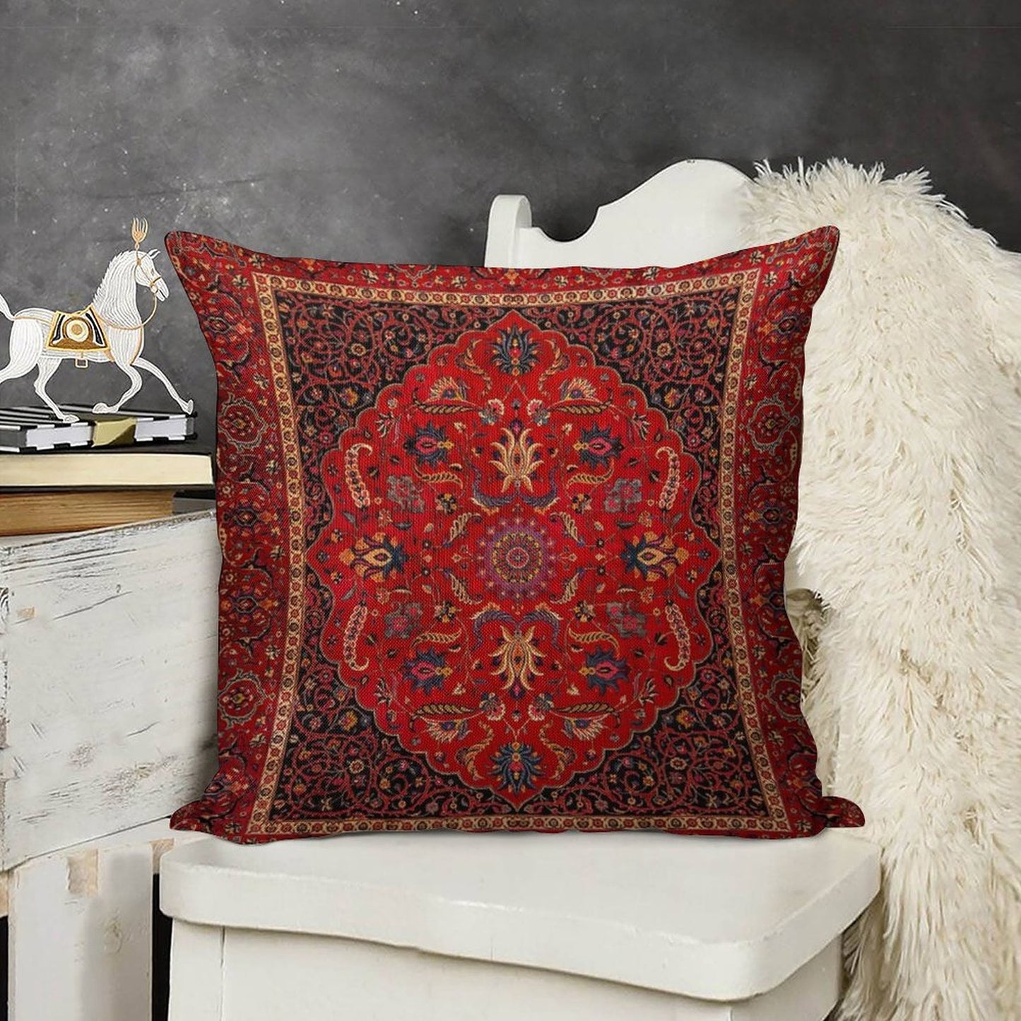 Red Persian Rug Linen Throw Pillow Cover