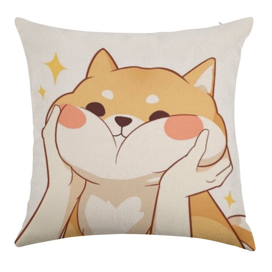 Kawaii Shiba Inu Linen Throw Pillow Cover