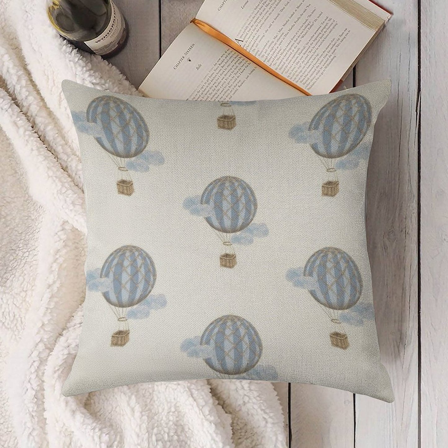Blue Vintage Hot Air Balloon Linen Throw Pillow Cover