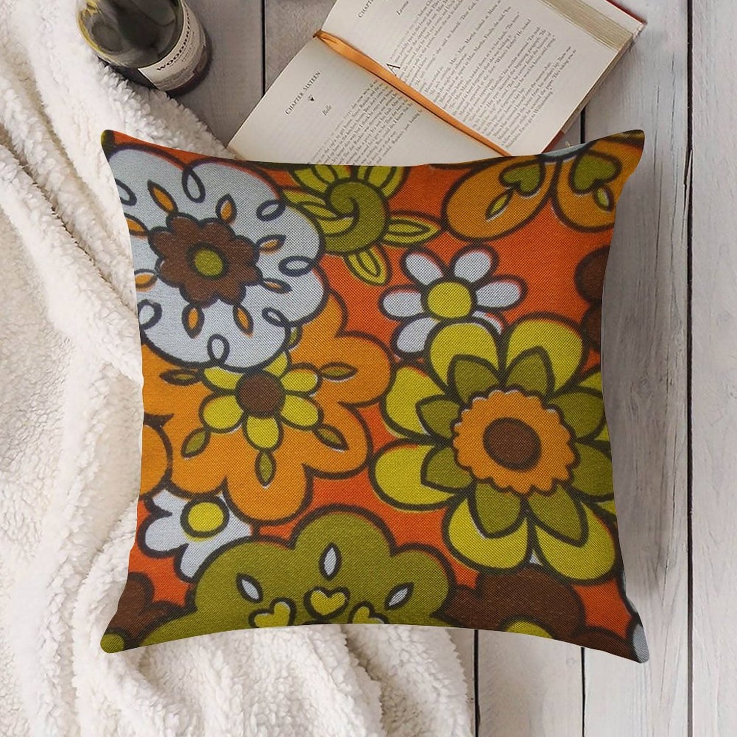 Retro Cool Mid Century Floral Fabric Design in Avocado Green, Harvest Gold, Brown, And Orange Linen Throw Pillow Cover
