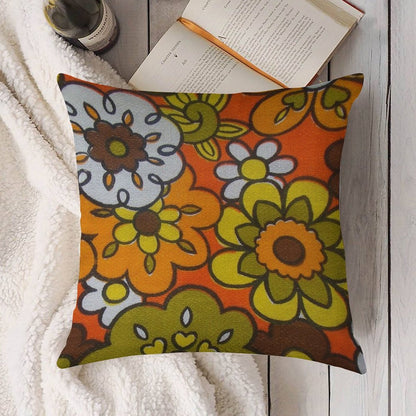 Retro Cool Mid Century Floral Fabric Design in Avocado Green, Harvest Gold, Brown, And Orange Linen Throw Pillow Cover