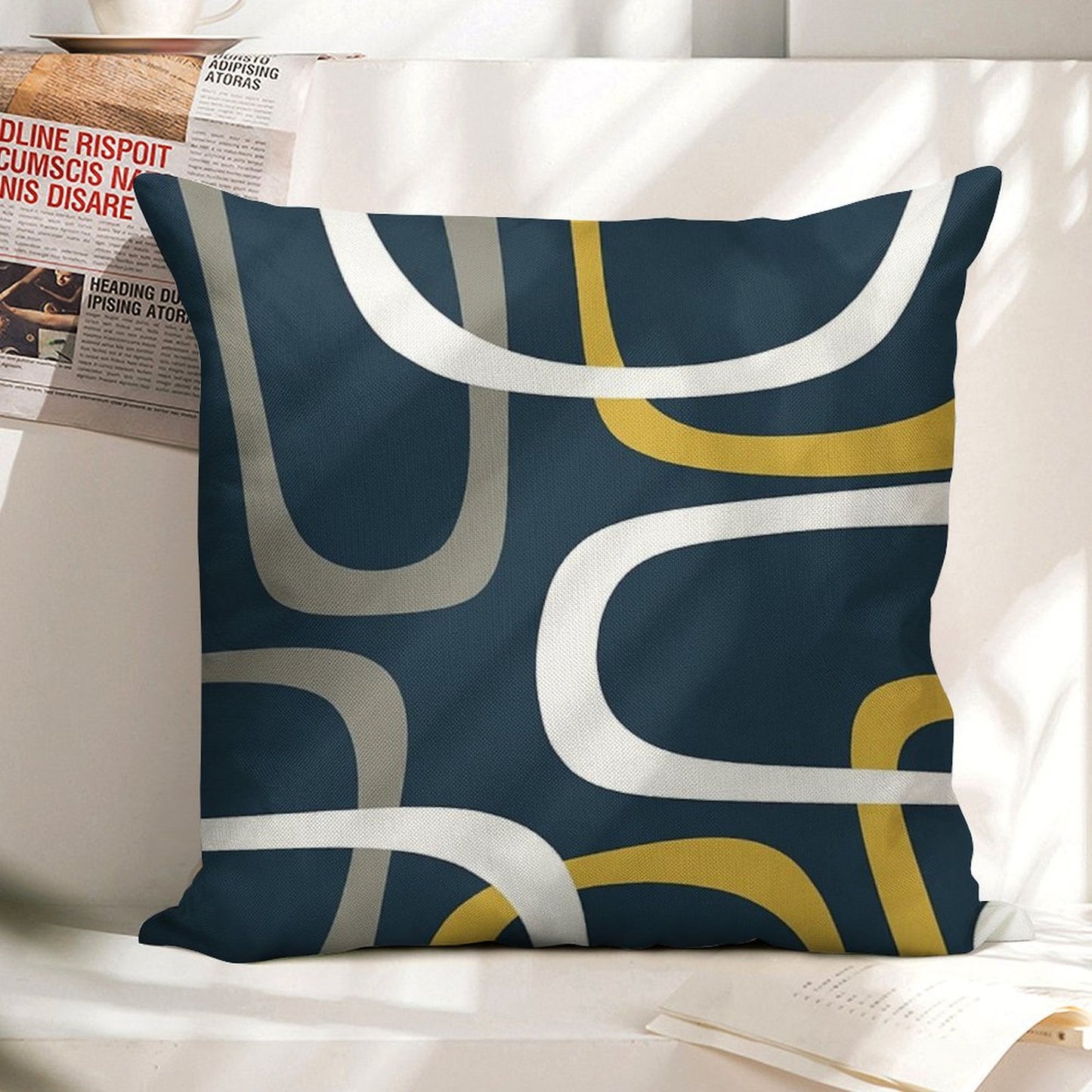 Midcentury Modern Loops Retro Pattern in Light Mustard, Grey, White, And Navy Blue Linen Throw Pillow Cover