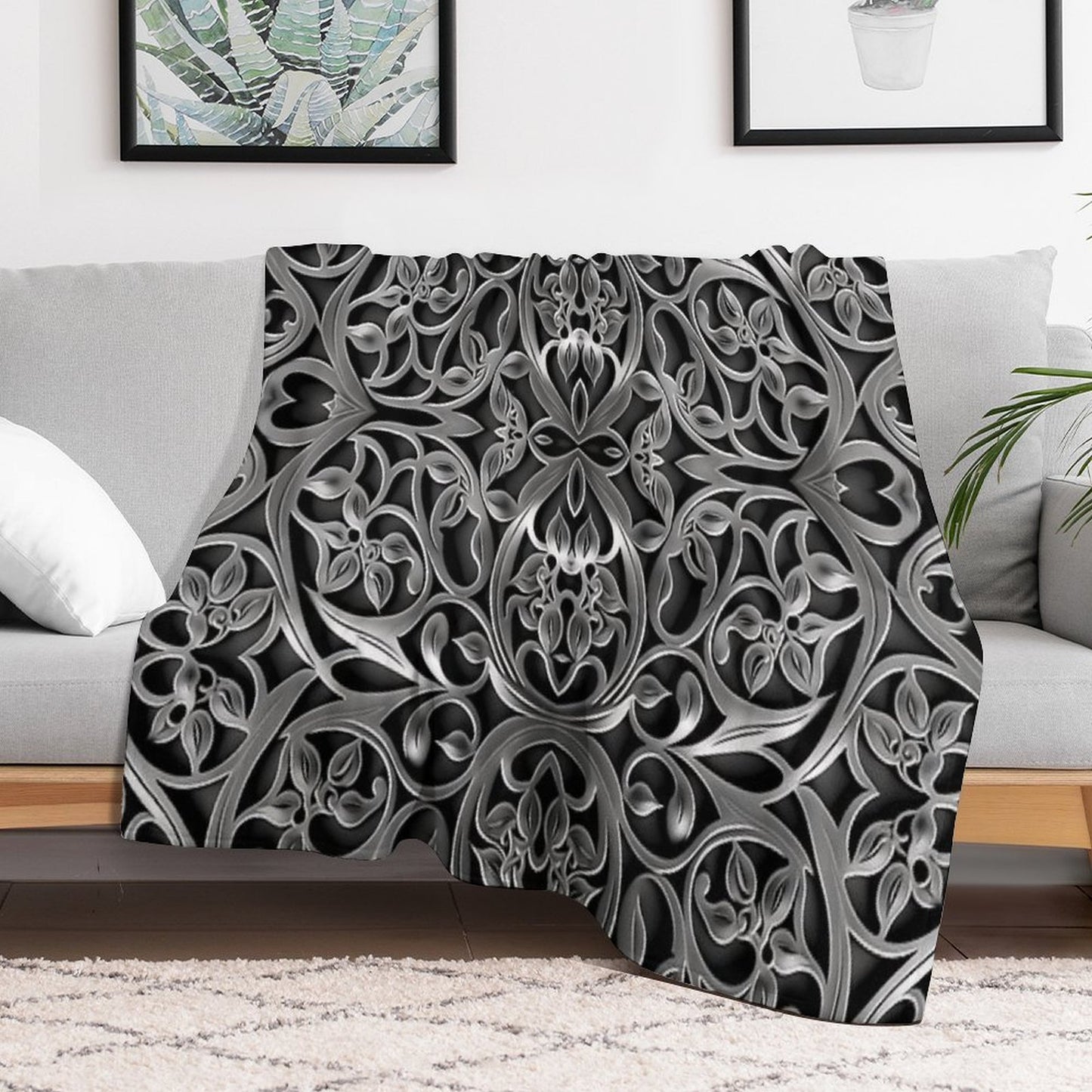 Luxurious Filigree Fern 3D Print - Silver And Black Designer Pattern for A Modern Classic Glam Home VI Throw Blanket