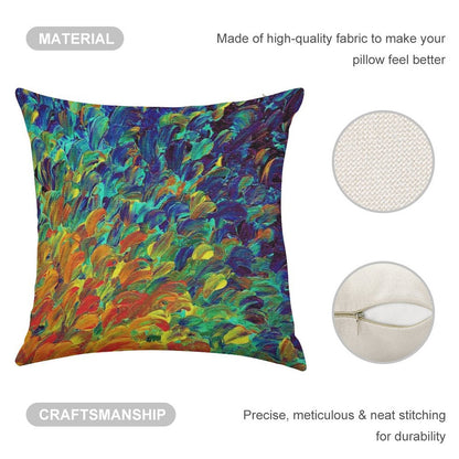 FOLLOW THE CURRENT 1, Bold Colorful Abstract Acrylic Painting Ocean Waves Blue Orange Splash Ombre Fine Art Linen Throw Pillow Cover