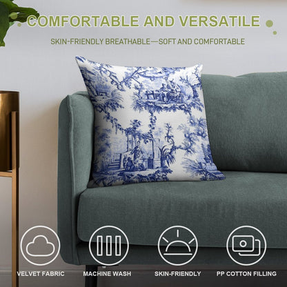 Blue Chinoiserie Toile Soft Hidden Zipper Throw Pillow