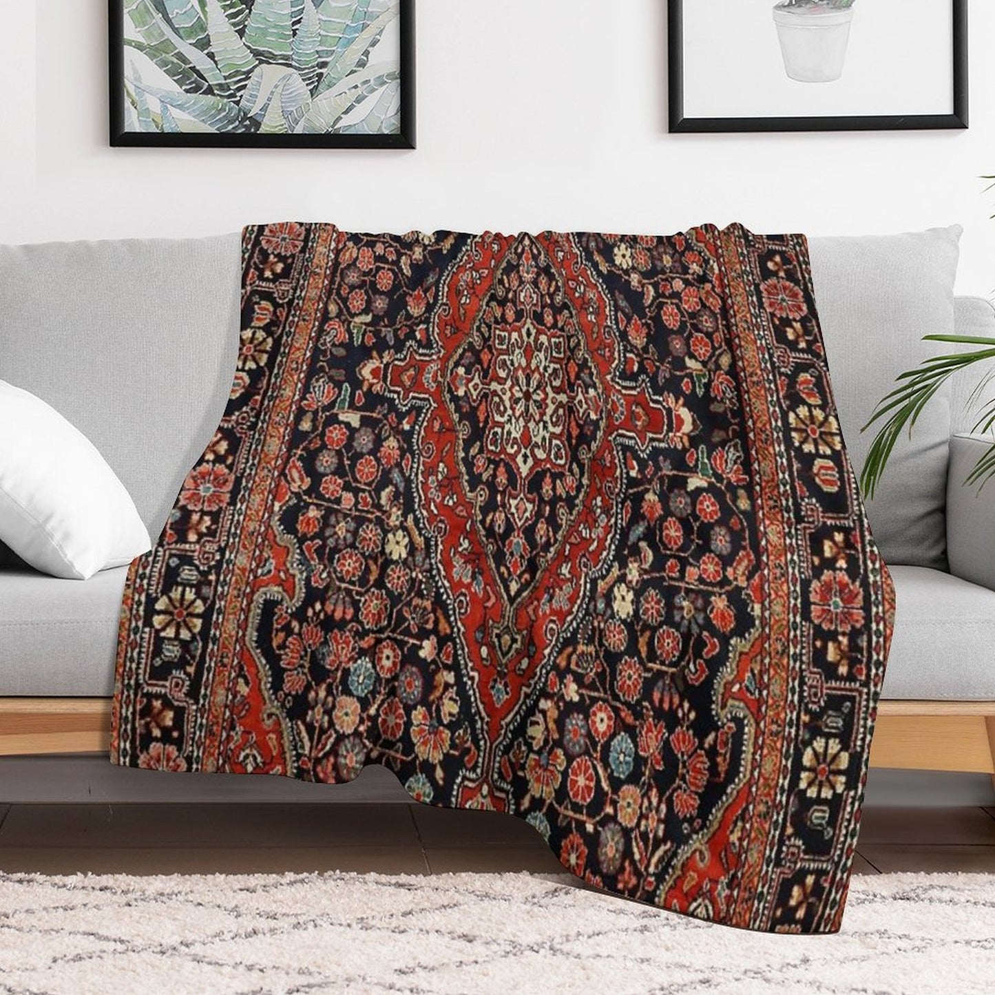 Persia Sarouk 19th Century Authentic Colorful Picture of A Vibrant Red And Black Rug Throw Blanket