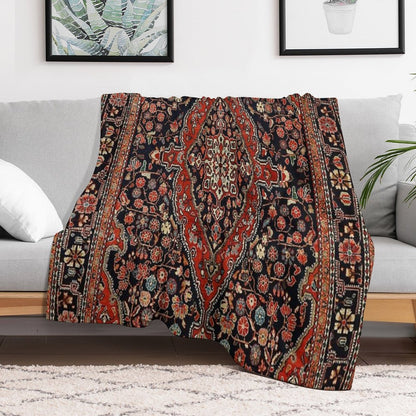 Persia Sarouk 19th Century Authentic Colorful Picture of A Vibrant Red And Black Rug Throw Blanket