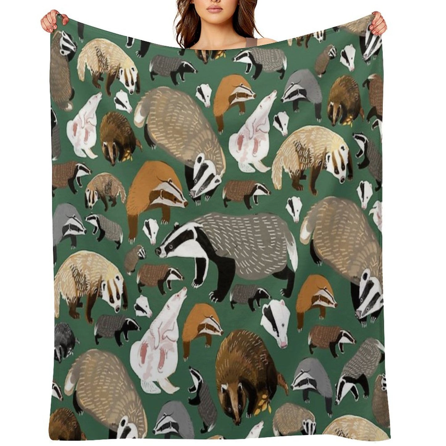 Eurasian Badgers Pattern Green Throw Blanket