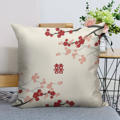 Red Oriental Cherry Blossoms on Ivory And Chinese Wedding Double Happiness  Japanese Sakura © Fatfatin Linen Throw Pillow Cover