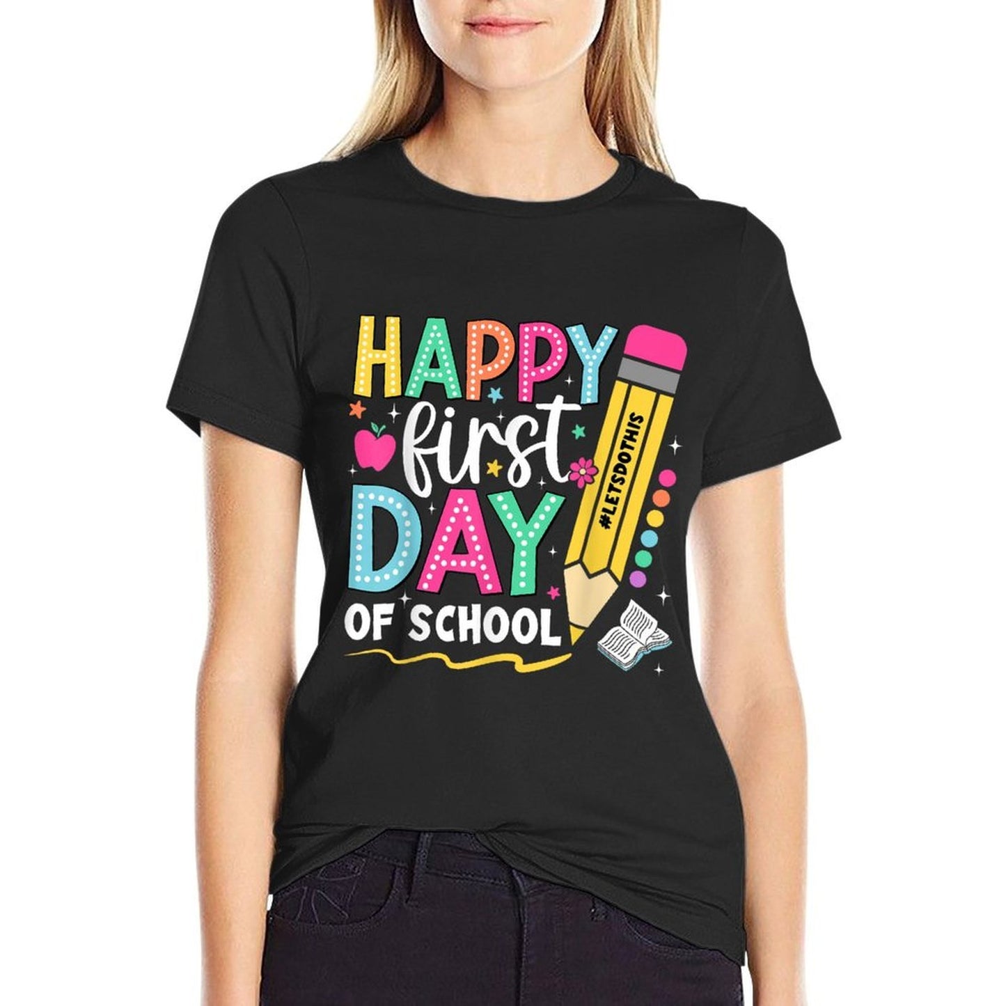 Happy First Day Of School Pencil Teacher Kids Back To School  Trendy Pattern T-Shirt