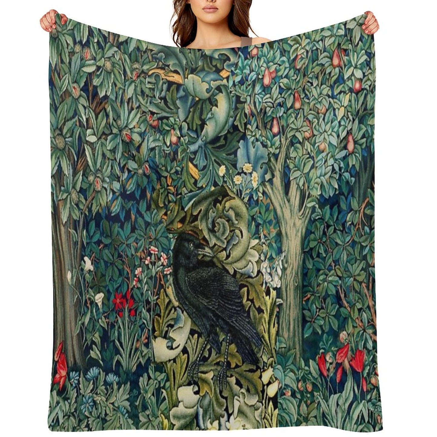 GREENERY, FOREST ANIMALS ,RAVEN ON ACANTHUS LEAVES Blue Green Floral Throw Blanket
