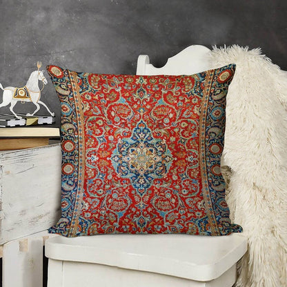 Red Blue Antique Floral Persian Carpet Print Linen Throw Pillow Cover
