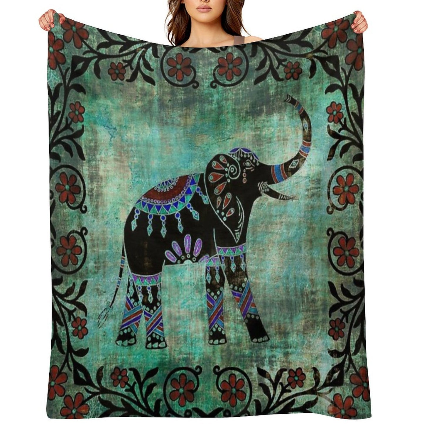 Indian Elephant Decorative Asian Floral Art Throw Blanket