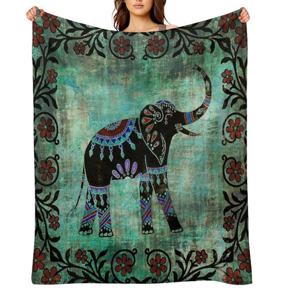Indian Elephant Decorative Asian Floral Art Throw Blanket