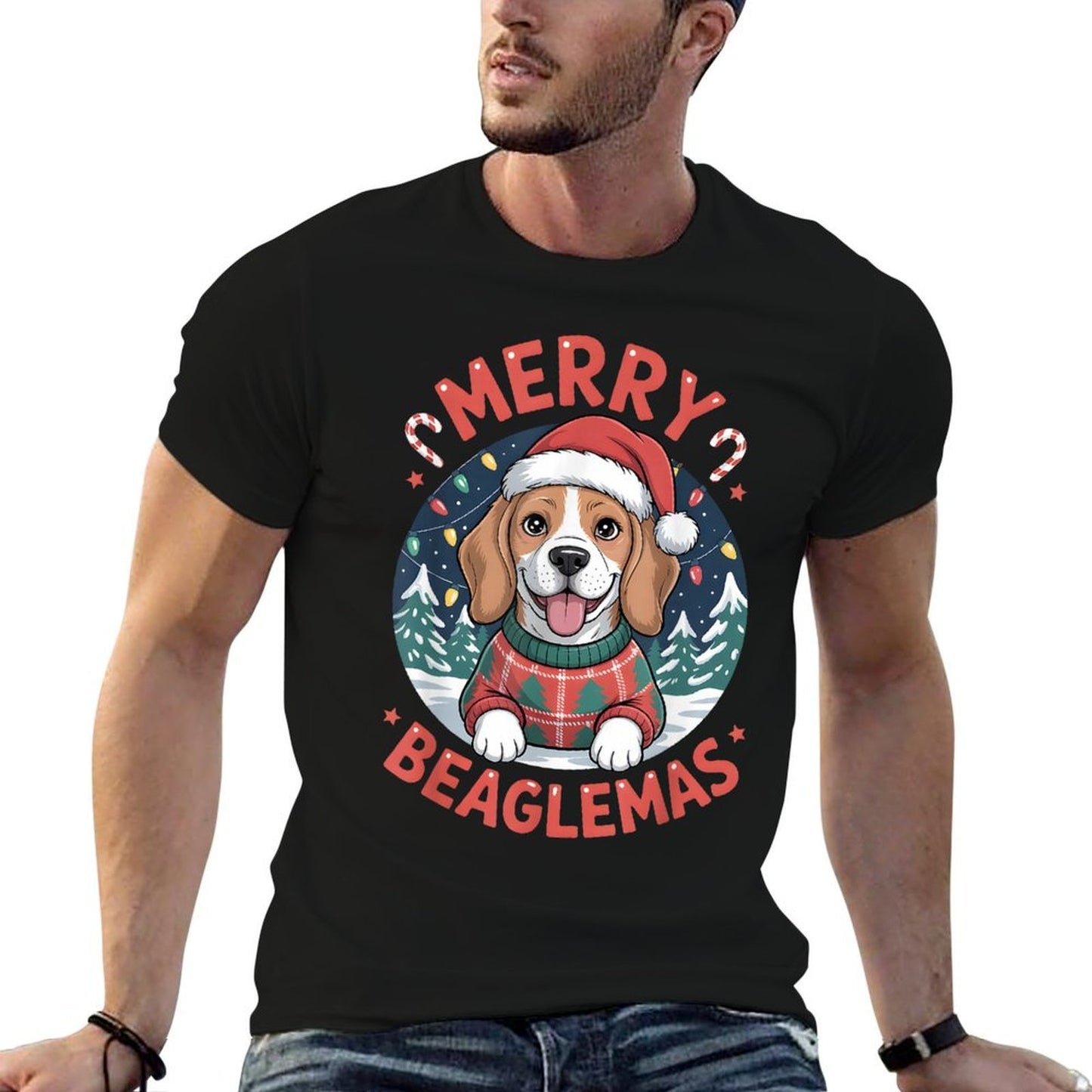 Merry Beaglemas Funny Beagle Dog Lover Christmas Holiday  Ribbed Collar T-Shirt