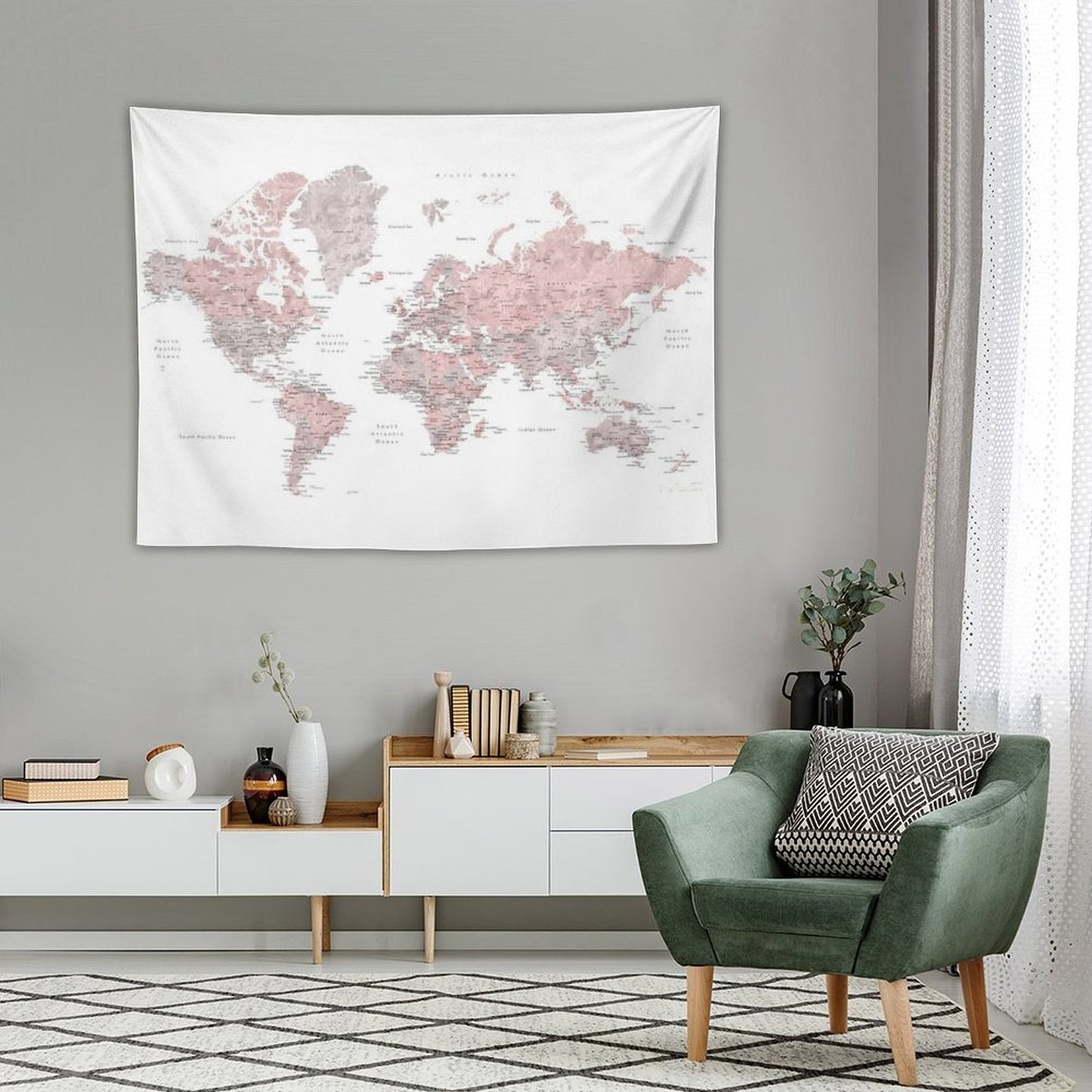 Muted Pink And Taupe Detailed World Map Tapestry