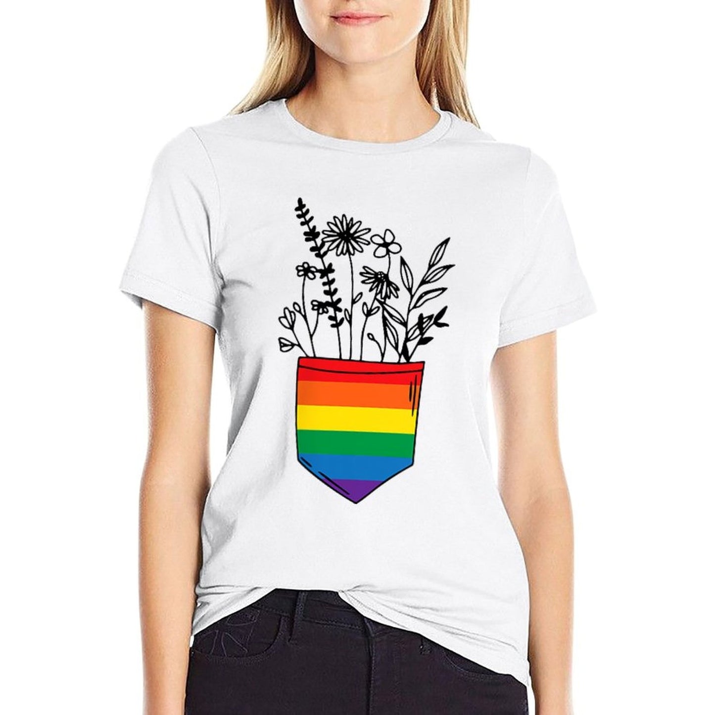 Pocket Flowers Rainbow LGBTQ Pride Month Gay Lesbian  Oversized Silhouette T-Shirt