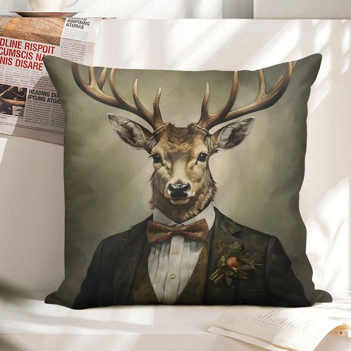 Dapper Deer Portrait Art Linen Throw Pillow Cover