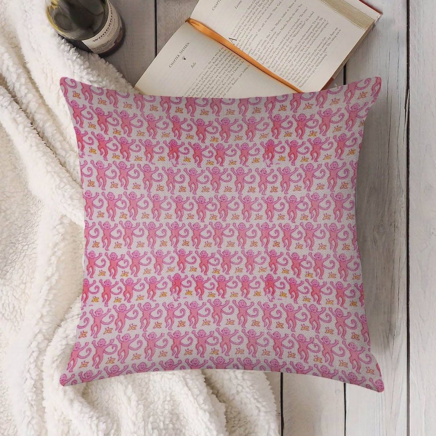 Pink Monkeys Linen Throw Pillow Cover