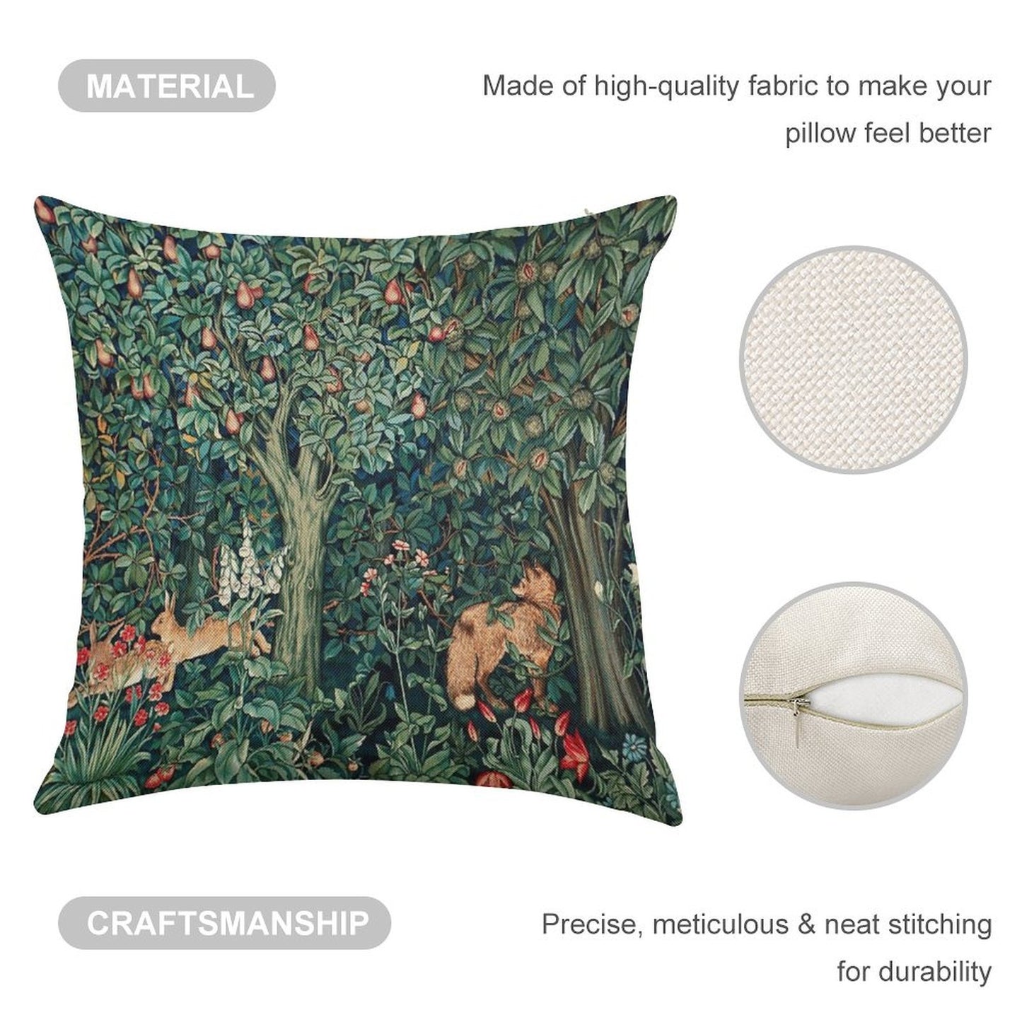 GREENERY, FOREST ANIMALS Fox And Hares Blue Green Floral Tapestry Linen Throw Pillow Cover