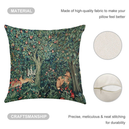 GREENERY, FOREST ANIMALS Fox And Hares Blue Green Floral Tapestry Linen Throw Pillow Cover