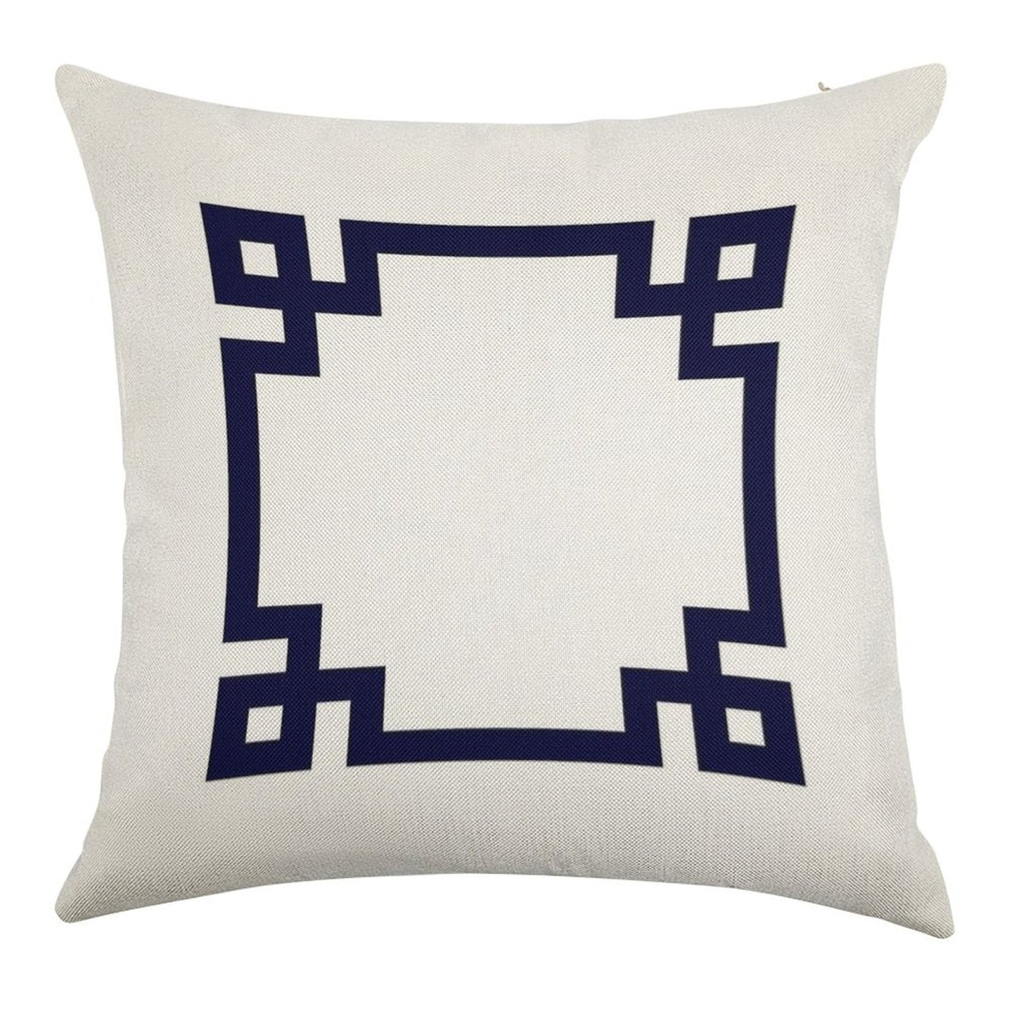 Navy Blue Greek Key Square On White Linen Throw Pillow Cover