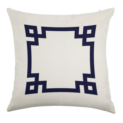 Navy Blue Greek Key Square On White Linen Throw Pillow Cover