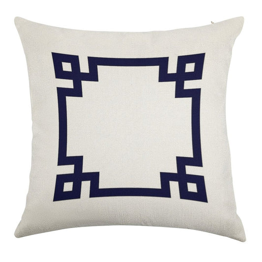 Navy Blue Greek Key Square On White Linen Throw Pillow Cover