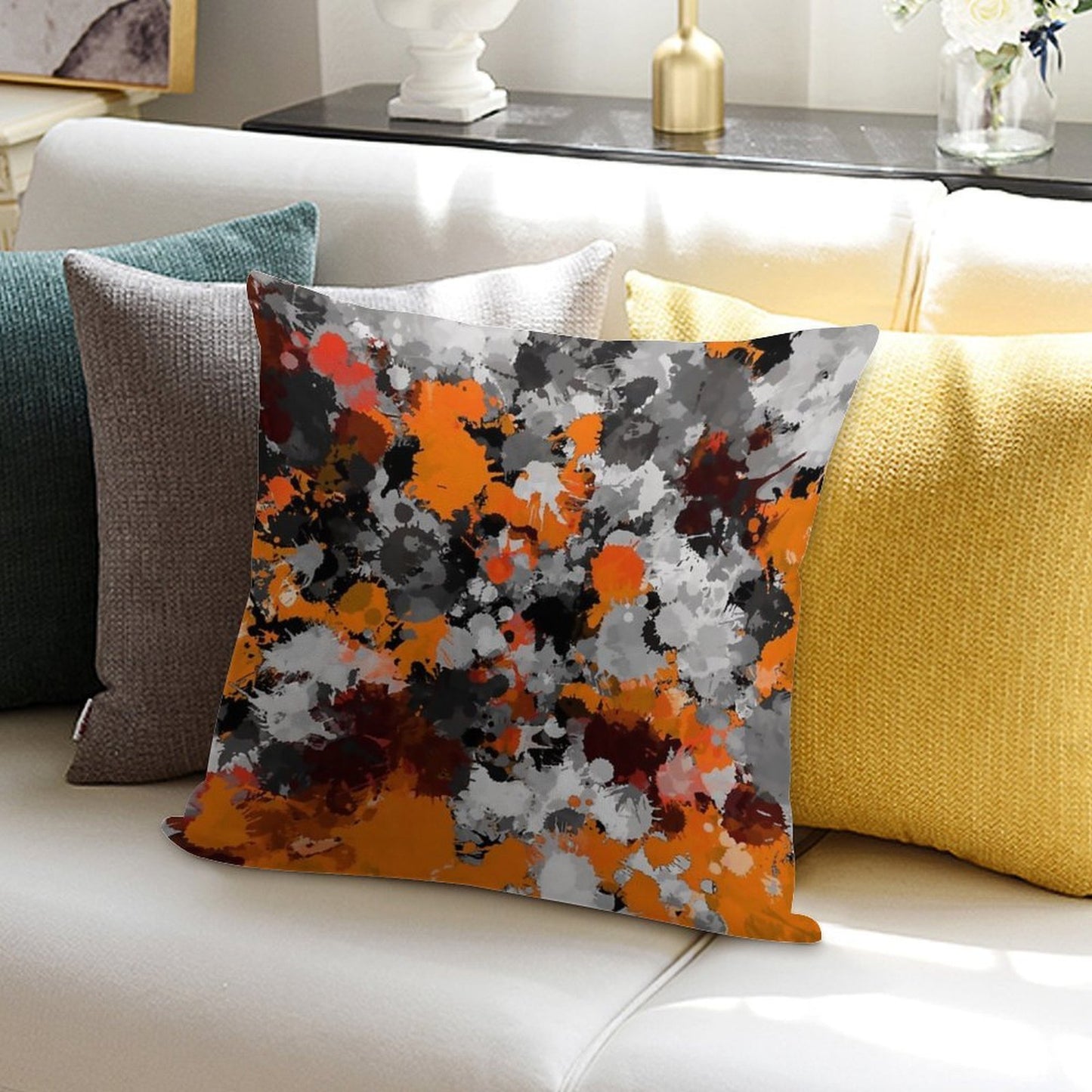 Orange And Grey Paint Splatter Soft Style Accent Throw Pillow