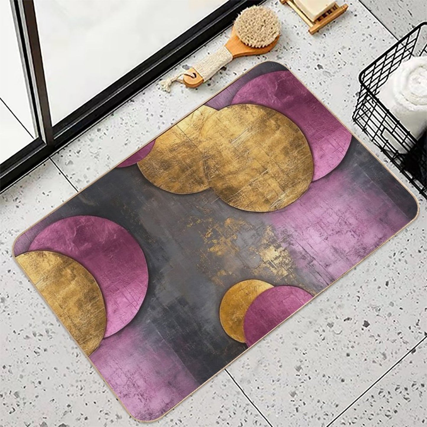 Vintage Geometric Circles – Abstract Gold & Teal Ar  Repositionable Bath Mat
