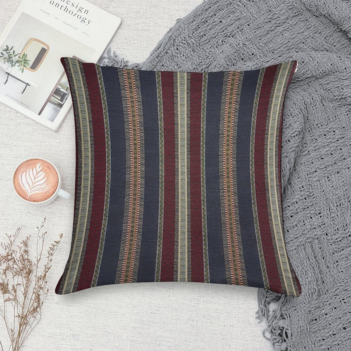 Navy Stripe Burgundy And Dark Blue Country Tapestry Soft Gift Ready Throw Pillow