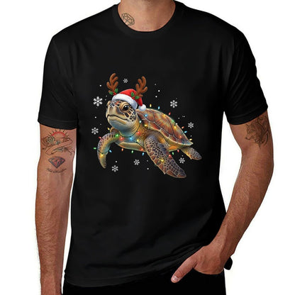 Sea Turtle Christmas Lights Funny Santa Hat Gifts Men Women  Oversized Silhouette T-Shirt
