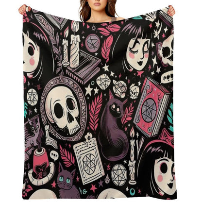 Neo-Gothic Wicca Skulls, Cats, And Ancient Spellbooks in An Intricate Pattern Throw Blanket