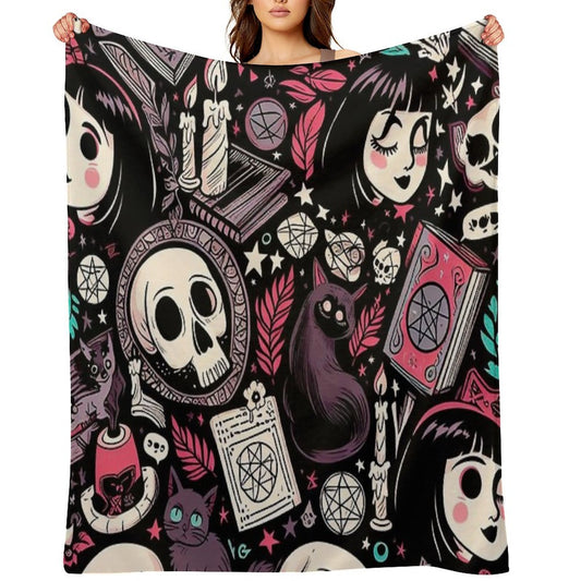 Neo-Gothic Wicca Skulls, Cats, And Ancient Spellbooks in An Intricate Pattern Throw Blanket