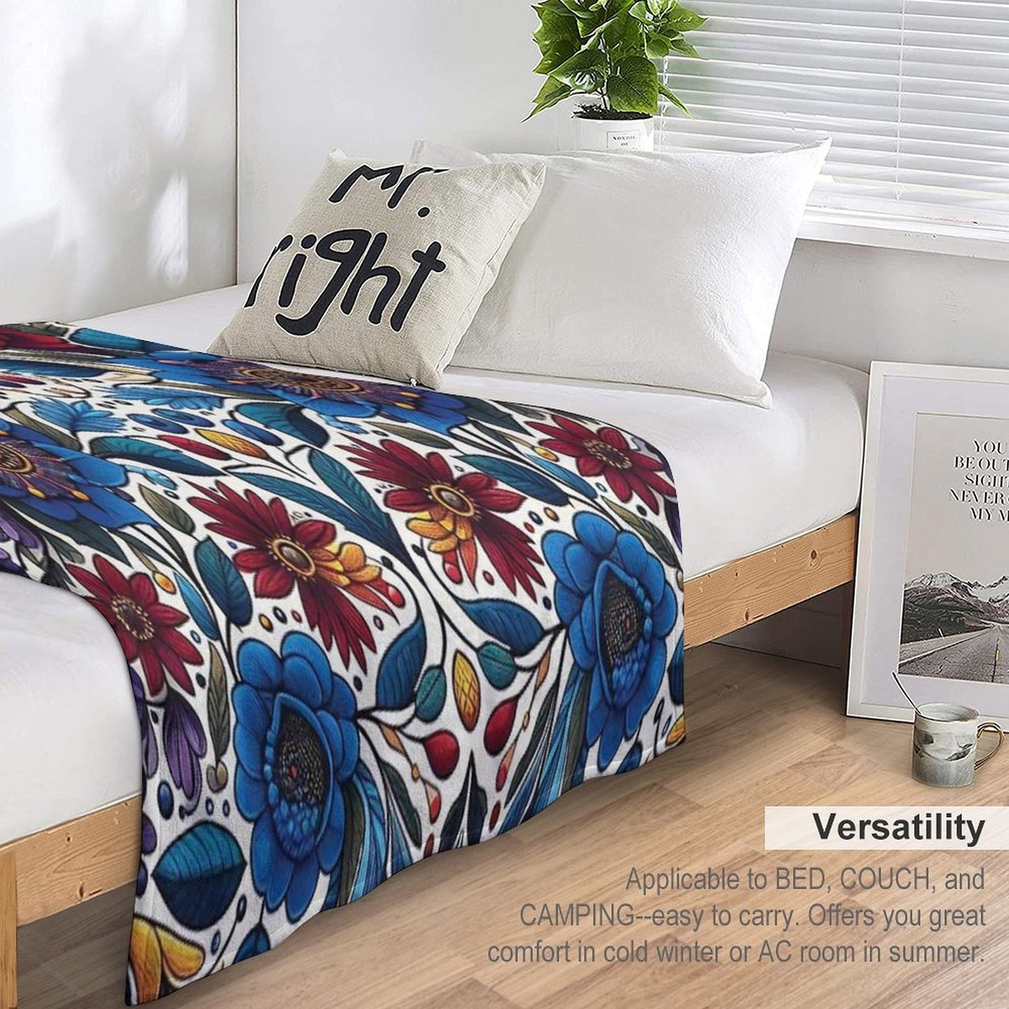 Deep Blue Ojibwe Bloom – Indigenous Floral Folk Art Throw Blanket