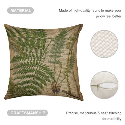Vintage Foliage Hipster Botanical Print Fern Leaves Linen Throw Pillow Cover
